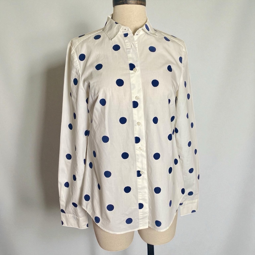 Boden Classic White w/ Navy Polka Dots Button Down Shirt Sz 4